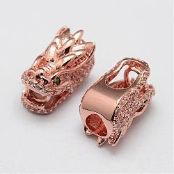 Brass Micro Pave Grade AAA Cubic Zirconia Beads, Dragon Head, Lead Free & Nickel Free & Cadmium Free, Real Rose Gold Plated, 9.2x9.2x15mm, Hole: 3.5~5mm