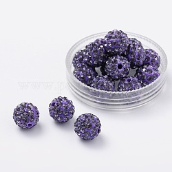 Perles de boule pavé disco , Perles de strass en argile polymère, ronde, tanzanite, pp13 (1.9~2mm), 6 rangs de strass, 10mm, Trou: 2mm