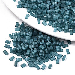 Perles de rocaille en verre, peinture de cuisson, 2 trou, arc-en-ciel de couleurs givrées transparentes, rectangle, bleu cadet, 4.5~5.5x2x2~2.5mm, Trou: 0.5~0.8mm, environ 2000 pcs / sachet 