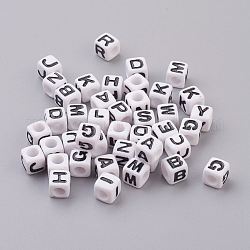 Lettre chunky acrylique cube perles pour enfants bijoux, trou horizontal, blanc, environ 7 mm de large, Longueur 7mm, hauteur de 7 mm , Trou: 3.5mm