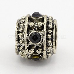 Alloy Grade A Rhinestone European Beads, Large Hole Beads, Rondelle, Antique Silver Metal Color, Jet, 8.5x10mm, Hole: 5mm