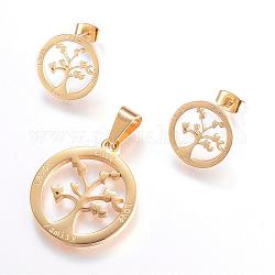 304 Stainless Steel Jewelry Sets, Pendants and Stud Earrings, Flat Round with Tree, Golden, 28x25x2mm, Hole: 5x9.5mm, 16x1.2mm, Pin: 0.8mm
