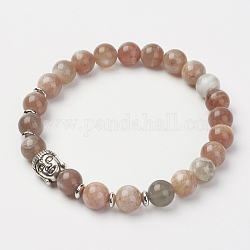Bracciali elasticizzati multi-pietra di luna naturale, Con perline in ottone e perline di testa in buddha, tondo, colorato, 2-1/8 pollice (55 mm)