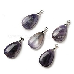 Natural Amethyst Pendants, Teardrop Charms, with Platinum Plated Brass Snap on Bails, Lead Free & Cadmium Free, 28~29x18~18.5x6~7mm, Hole: 3mm