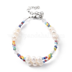 Multi-Strang-Armbänder, mit Glasperlen, natürlichen Perlen, Glasperlen und 304 Hummerkrallenverschlüsse aus Edelstahl, Farbig, 7-5/8 Zoll (19.5 cm)
