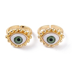 Brass Cuff Rings, Open Rings, with Resin Beads, Long-Lasting Plated, Real 18K Gold Plated, Evil Eye, Sea Green, 3mm, Inner Diameter: 17.5mm