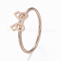 304 Stainless Steel Finger Rings, with Rhinestone, Bowknot, Mixed Size, Rose Gold, 16~18mm