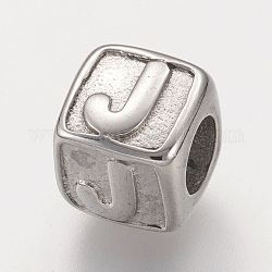 304 perline europei in acciaio inox, foro orizzontale, perline con foro grande, cubo con letter.j, 8x8x8mm, Foro: 4 mm
