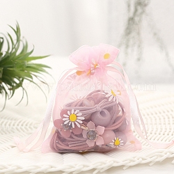 Pochettes de rangement pour bijoux imprimées de fleurs en organza, sacs-cadeaux de cordon de maille de partie de faveur de mariage, rectangle, rose, 14x10 cm