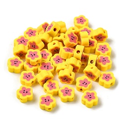 Perles en pâte polymère manuel, fleur, jaune, 9x9x4mm, Trou: 2mm