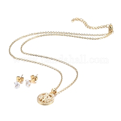 304 Stainless Steel Rhinestone Jewelry Sets, Flat Round with Tree of Life Pendant Necklaces and Stud Earrings, Cable Chains, Lobster Claw Clasps and Ear Nuts, Crystal, Golden, 18.11 inch(46cm), 15x5.5mm, Pin: 0.7mm