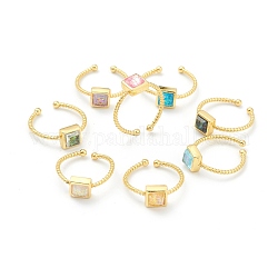 Synthetic Opal Cuff Rings, Open Rings, with Brass Findings, Square, Real 18K Gold Plated, Mixed Color, US Size 5, Inner Diameter: 16mm