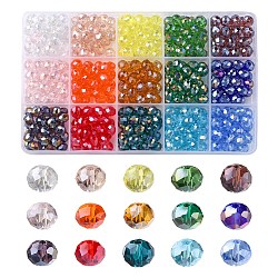 450 pièces 15 brins de perles de verre électrolytiques de style, de couleur plaquée ab , facette, rondelle, couleur mixte, 8x6mm, Trou: 1mm, 30 pièces / style