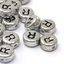 Plated Acrylic Horizontal Hole Letter Beads, Flat Round, Letter.R, 7x4mm, Hole: 1.3mm, about 3600pcs/500g