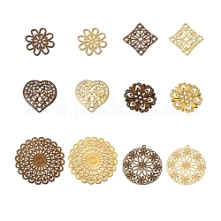 Spritewelry 60Pcs 12 Style Brass Multi-strand Links & Filigree Joiners Links, Heart & Flat Round & Square, Mixed Color, 16~28x15.5~26x0.2~1.5mm, Hole: 0.7~2mm, 5Pcs/style