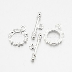 Alloy Toggle Clasps, Flower, Silver, Flower: 19x15x2.5mm, Hole: 2mm, Bar: 24x7x3mm, Hole: 2mm, about 560sets/kg