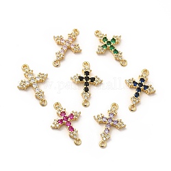 Eco-Friendly Rack Plating Brass Pave Cubic Zirconia Connector Charms, Lead Free & Cadmium Free, Real 18K Gold Plated, Religion Cross Links, Mixed Color, 24.5x16.5x3.5mm, Hole: 1.4~1.5mm