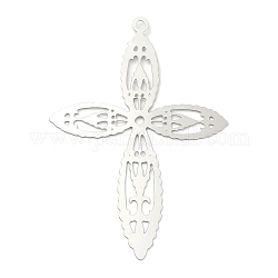 201 Stainless Steel Filigree Pendants, Etched Metal Embellishments, Cross Charm, Stainless Steel Color, 45.5x32x0.2mm, Hole: 1.5mm