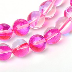 Synthetical Moonstone Round Beads Strands, Holographic Beads, Dyed, Deep Pink, 10mm, Hole: 1mm, about 38pcs/strand, 15.7 inch