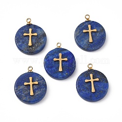 Natural Lapis Lazuli Pendants, Flat Round with Vacuum Plating 201 Stainless Steel Cross Pattern, Real 18K Gold Plated, 18.5~19.5x14.5~15x3~4mm, Hole: 1.4mm
