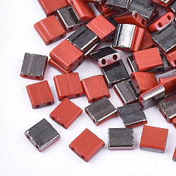 Electroplate Opaque Glass Seed Beads, 2-Hole, Rectangle, Black Plated, Red, 5x4.5~5.5x2~2.5mm, Hole: 0.5~0.8mm