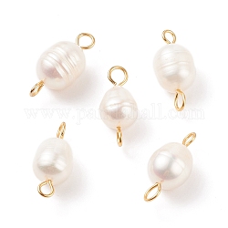 Ciondoli connettore perle di perle d'acqua dolce coltivate naturali, con 304 doppio passante in acciaio inox, bianco, ovale, oro, 18~18.5x8~9mm, Foro: 2~3 mm