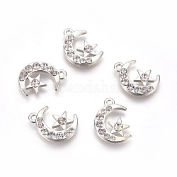 Alloy Rhinestone Pendants, Cadmium Free & Lead Free, Moon & Star, Platinum Color, about 14.5mm wide, 20mm long, hole: 2mm