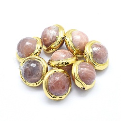 Perles de pierre de soleil naturelles, bord plaqué or, facette, ronde, 15~16x10~13mm, Trou: 0.8~1mm