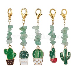 Decorazioni pendenti in lega di smalto, con perline di avventurina verde naturale, cactus, verde, 67~77mm