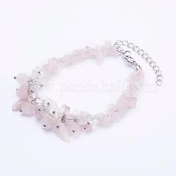 Chip di quarzo rosa naturale e braccialetti di perline rotonde smerigliate, con grado una perla perline, perle di vetro sfaccettate e reperti in ottone, platino, 7-1/2 pollice (190 mm)