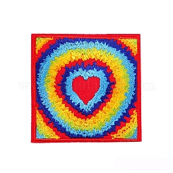 Appliques, Embroidery Iron on Cloth Patches, Sewing Craft Decoration, Square with Rainbow & Heart, 70x70mm
