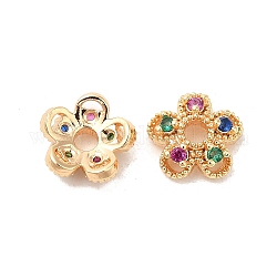 Brass with Clear Cubic Zirconia Bead Caps, 5-Petal Flower, Real 18K Gold Plated, 7.5x7.5x3mm, Hole: 1.6mm