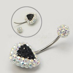 Austrian Crystal Belly Rings, with 316 Stainless Steel and Polymer Clay, Heart, 280_Jet, 30x14x9mm, Pin: 1mm