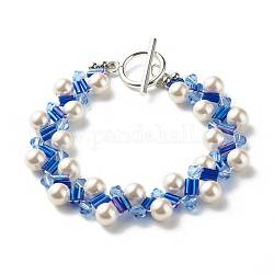 Pulsera de cuentas de perlas de concha redonda para mujeres adolescentes, pulsera trenzada con cuentas de vidrio austriaco, Platino, azul, 7-1/4 pulgada (18.5 cm)