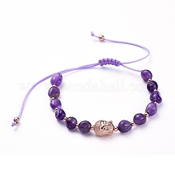 Bracelets de perles de nylon tressés réglables, avec perles d'améthyste naturelle et perles de laiton, tête de bouddha, diamètre intérieur: 1-3/4 pouce ~ 3-3/4 pouces (4.5~9.5 cm)