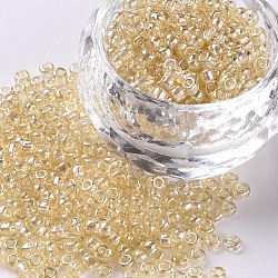 Perles de rocaille en verre, trans. couleurs lustered, ronde, verge d'or pale, 3mm, Trou: 1mm, environ 10000 pcs / livre