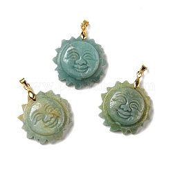 Natural Flower Amazonite Pendants, with Golden Tone Brass Findings, Lead Free & Cadmium Free, Sun with Smiling Face, 36x29~29.5x9.5mm, Hole: 4x5mm