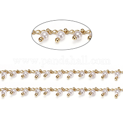 Handmade Brass Beaded Chains, with Glass and Spool, Soldered, Long-Lasting Plated, Round, Golden, 2.5x1.8x0.3mm, about 32.8 Feet(10m)/roll