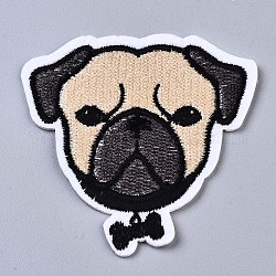 Apliques de perro pug, Tela de bordado computarizada para planchar / coser parches, accesorios de vestuario, naranja, 63x63x1mm