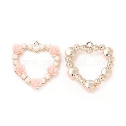 Pendentifs en alliage, breloques de coeur, avec abs perles perles d'imitation et résine, or rose, rose, 29x27.5x5mm, Trou: 2.3mm