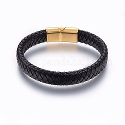 Bracelets en cuir tressé, fermoir magnétique en 304 acier inoxydable, rectangle, or, noir, 8-5/8 pouce (22 cm), 12x6mm