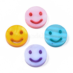 Perles de coquillages naturels d'eau douce, teinte, plat rond avec le visage de sourire, couleur mixte, 10x2.5mm, Trou: 0.8mm