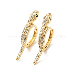Arracadas de serpiente con circonitas verdes, joyas de latón para mujer, Sin cadmio y níque y plomo, real 18k chapado en oro, 28x14.5x3.5mm, pin: 0.8 mm