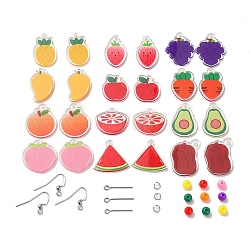 Kit de fabrication de boucles d'oreilles pendantes de fruits diy, y compris les pendentifs en acrylique pomme et raisin et pêche et orange, Perles en plastique, Crochets d'oreilles en 304 acier inoxydable, couleur mixte, 224 pcs / boîte