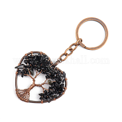 Porte-clés pendentif en obsidienne naturelle, avec accessoires en laiton et porte-clés en alliage, coeur avec l'arbre de la vie, 10.7 cm