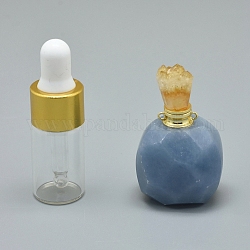 Natürliche Aquamarin zu öffnende Parfümflasche Anhänger, mit Messingfunden und Glasflaschen mit ätherischen Ölen, 39~50x26~29x16~21 mm, Bohrung: 1.2 mm, Fassungsvermögen der Glasflasche: 3 ml (0.101 fl. oz), Edelsteinkapazität: 1 ml (0.03 fl. oz)