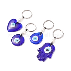 Porte-clés porte-clés bleu mauvais œil au chalumeau fait à la main, breloque yeux porte-bonheur en perle naturelle pour la chance et la protection, formes mixtes, 7.2~9.3 cm, pendentif: 30~50x29~36x5~6.5 mm