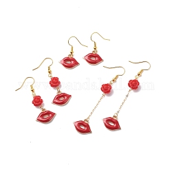 3 paires de breloques en alliage d'émail rouge de style 3 et boucles d'oreilles pendantes en perles de rose, bijoux en laiton thème saint valentin pour femme, or, lèvre, 30~68mm, pin: 0.5 mm