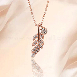 Лист 925 стерлингового серебра кубический цирконий кулон ожерелья для женщин, прозрачные, розовое золото , 21~50 см