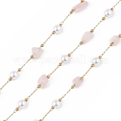 Pepita di quarzo rosa naturale e catena di perle di vetro imitazione perla, con catene satellitari in acciaio inossidabile dorato 304, senza saldatura, con la bobina, 5~12x4~8x4~7mm, 6x5mm, 2.5x2mm, circa 32.81 piedi (10 m)/rotolo
